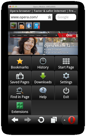 Opera Mobile 模拟器的菜单带有扩展选项